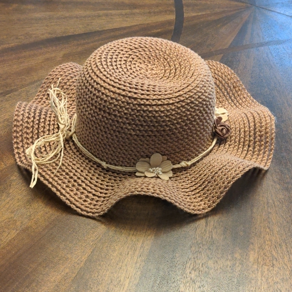 Bienvenu Brown Kids Sun Hat with Flower Accents